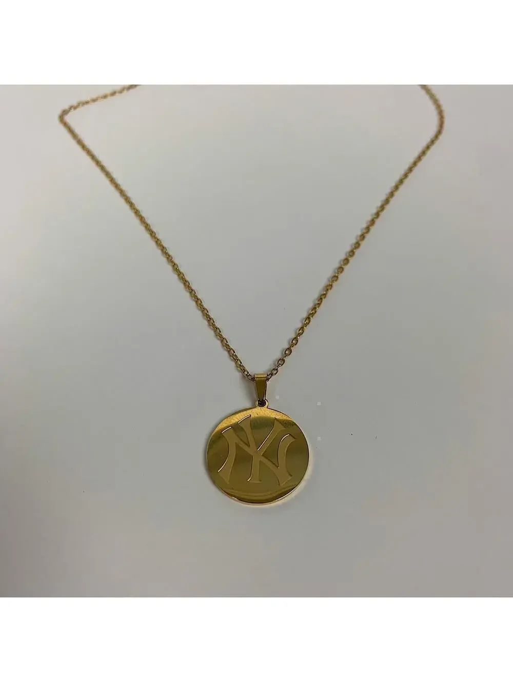 Y2k 2000s New York Yankees Circle Pendant Stainless Steel Gold Plated necklace.